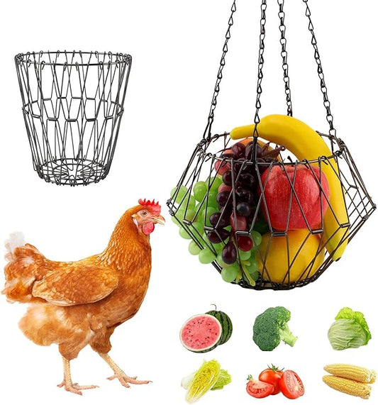 Hanging Chicken Feeder, 9.2 inches Large Poultry Vegetable Fruits Feeder Basket with 4Pcs Hanging Stainless Chain, Veggie Treat Ball for Chicken,Hens,Duck,Rabbit Coop(Size:1pc)