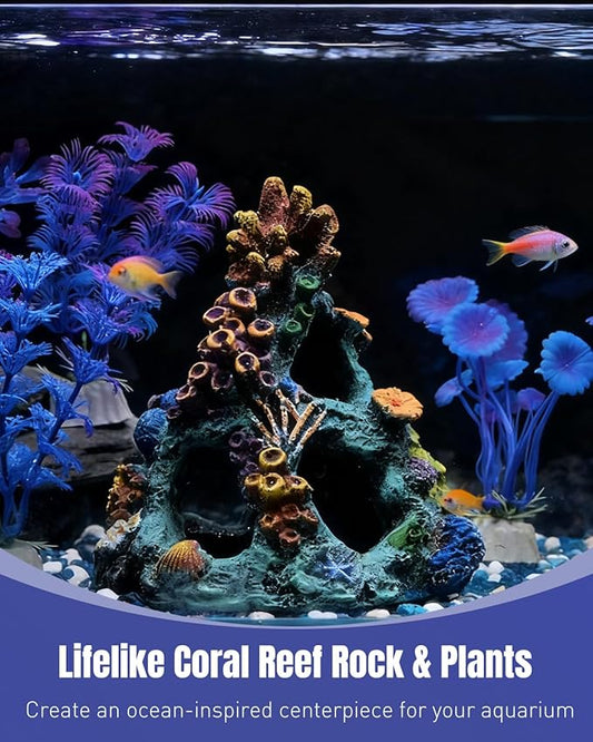 Uniclife Aquarium Decor, Fish Tank Decorations, Realistic Resin Coral Reef Rock Ornament & Plants Set for Fish Tank Decor, Colorful Aquarium Cave Decorations for Freshwater & Saltwater Tanks