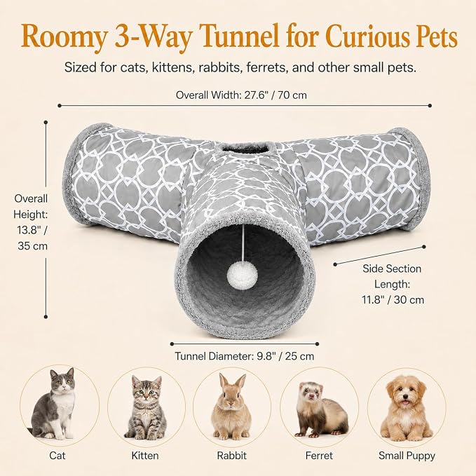 Geometric 3 Way Cat Tunnel with Plush Inside,Cats Toys Collapsible Tunnel Tube with Balls, for Rabbits, Kittens, Ferrets,Puppy and Dogs