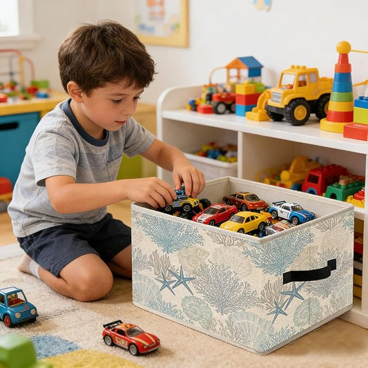 Coastal Beach Storage Bins, Beach House Decor, Coastal Coral Starfish Seashell Foldable Closet Organizers Storage Basket Toybox for Clothes Bed Sheets Blankets Toys