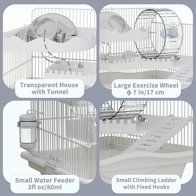 Mini Hamster Cage Starter Kit 15”Lx11”Wx12”H for Dwarf Hamster & Robo Hamster with Multilevel Platforms, Exercise Wheel, Transparent House, Ladder, Water Bottle, Food Bowl, White