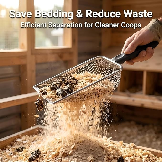 Chicken Poop Scooper 2 Pack with 2 Adhesive Hooks - Stainless Steel Coop Scoop Sifting Shovel with 3.8mm & 5mm Mesh, Metal Litter Sifter for Coop Cleaning, Sand and Poultry Supplies