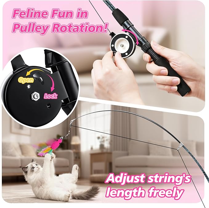 Pawaboo Cat Teaser Wand Toys, Cat Fishing Pole Toy with 3 Pack Feather Refills, 3-Section Retractable Kitten Feather Toys with Pulley, Indoor Cats Teaser Catcher Exerciser with Bell, Rose Red + Pink