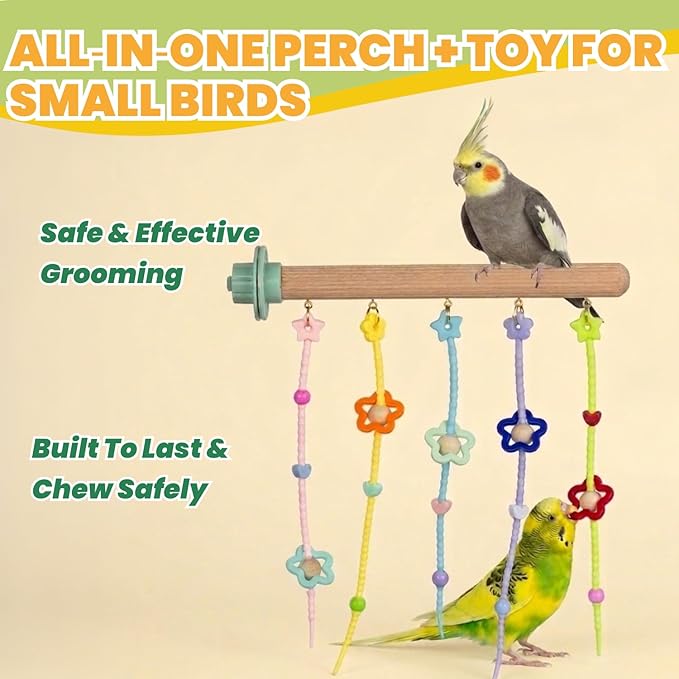 Natural Wood Bird Perch with Chewing Toy - Hanging Rainbow Strips, Beads & Charms for Parakeets Cockatiels Conures Cage Accessories
