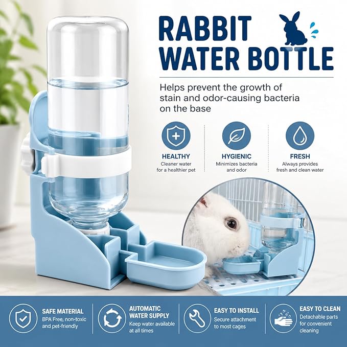 Rypet Rabbit Water Bottle No Drip - 17oz Hanging Water Fountain Automatic Dispenser Pet Cage Water Feeder for Bunny Chinchilla Guinea Pig Hedgehog Ferret Blue