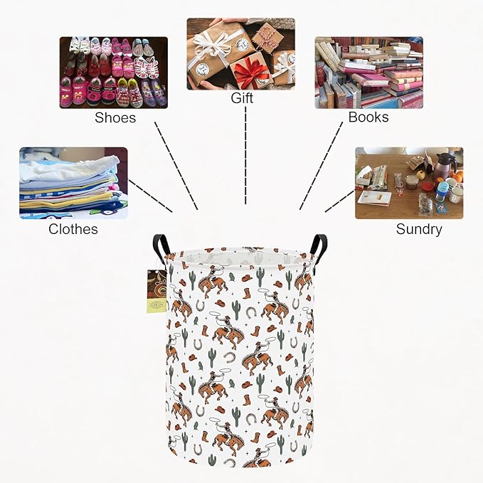 Collapsible Fabric Storage Basket, Waterproof Laundry Hamper with Handles, Round Storage Bin for Clothes Toys, Foldable Organizer for Bedroom Nursery Bathroom(Round-Cowboy)
