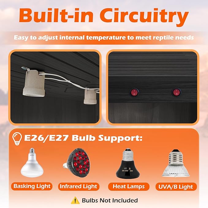 ROYXEN Reptile Tank, 34 Gallons Reptile Enclosure with Lockable Design, Tempered Glass Bearded Dragon Tank for Lizard Habitat, Soild Wood Built-in Sockets (Black, 31.5"x15.5"x15.5")