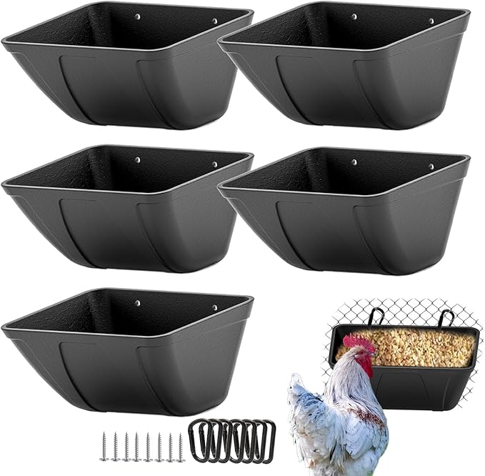 mozoba Hanging Chicken Feeder Trough for Goat Sheep Deer Poultry Duck Chicken Fence Feeder Livestock Feeding Container Goats Supplies Feeders Waterer Bucket (Matte Black)
