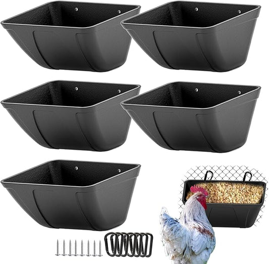 mozoba Hanging Chicken Feeder Trough for Goat Sheep Deer Poultry Duck Chicken Fence Feeder Livestock Feeding Container Goats Supplies Feeders Waterer Bucket (Matte Black)