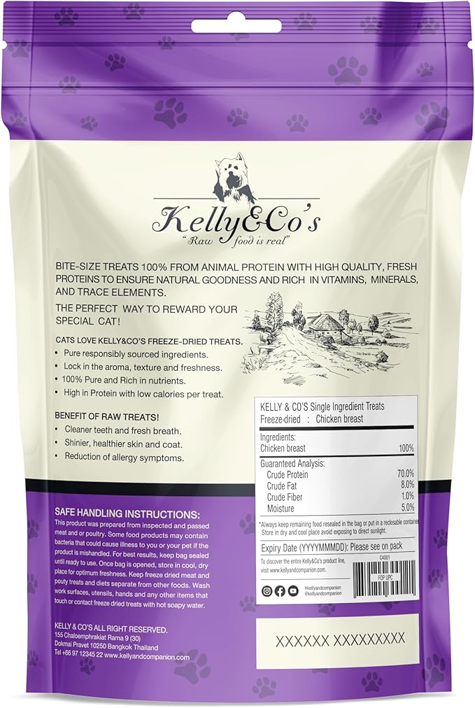 KELLY & CO'S Freeze Dried Cat Treats - Chicken Breast Made from a Single Ingredient. Grain-Free, high Protein Healthy cat Treats (1.4 oz x 4 Packs) Minimally Processed Indulgent Treat.