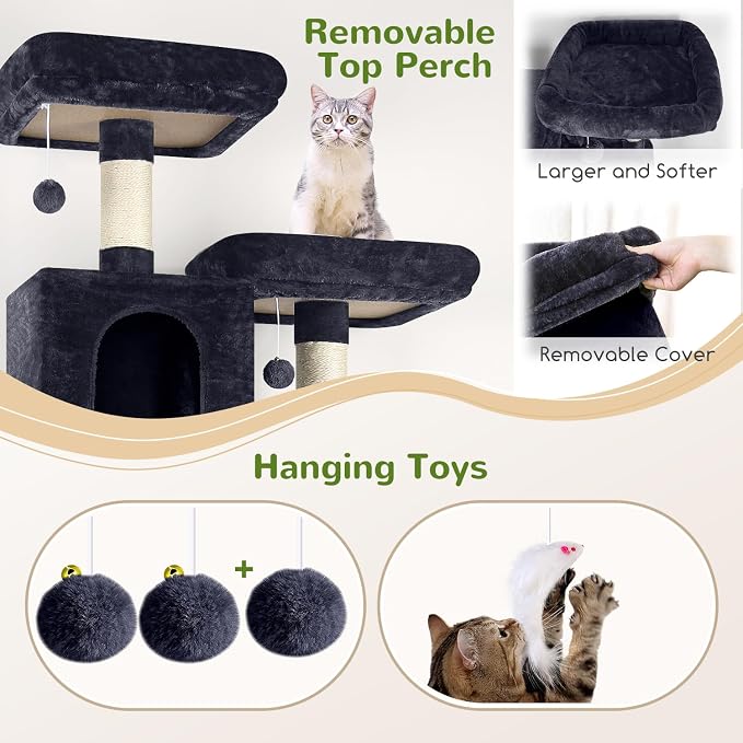 Globlazer Cat Tree Tower, 76-Inch Extra Tall Multi-Level Cat Furniture with Cozy Condos, Hammock and Perches for Adult Cats, Perfect for Climbing, Scratching, and Play, F76, Dark Grey