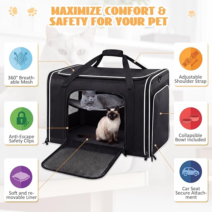 Extra Large Cat Carrier with Built-in Litter Box for Car Travel & Road Trips, Expands to 36"x17"x17", Soft-sided Foldable Travel Crate for 1-2 Large Cats, Multi-entry, Ventilated Mesh, Seat Belt Ready