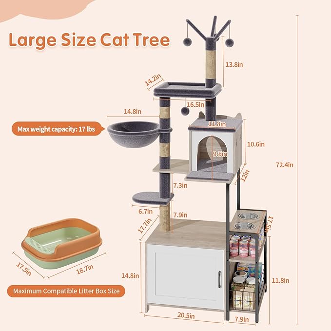 HavenlyYouth Cat Tree with Food Station and Litter Box Enclosure, Multi-Level Cat Tree Tower with Sisal Scratch Posts for Playtime, Plush Hammock in Gray for Cozy