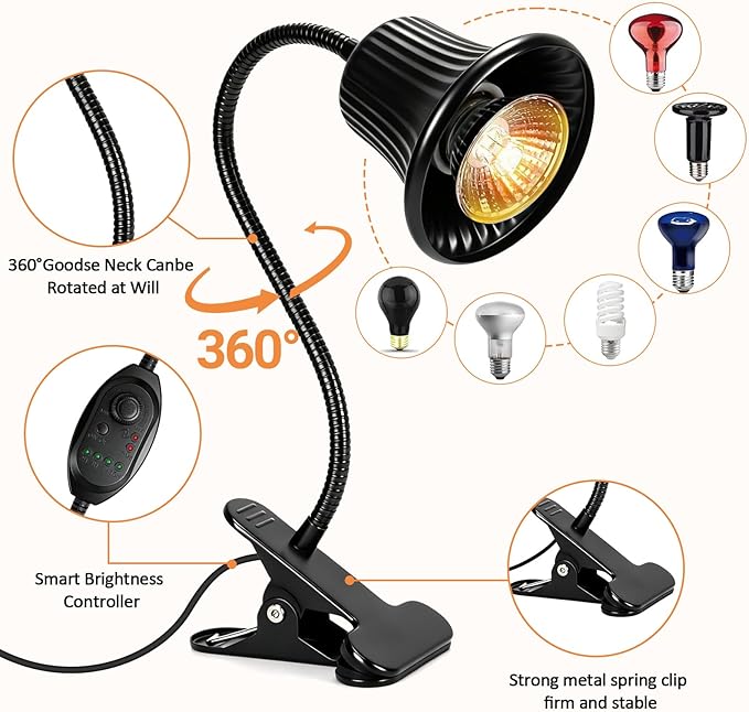 Reptile Heat Lamp, Heating Lamp for Reptiles with UVA UVB, 2H,4H, 8H, 10H Cycle Timing&Stepless Dimming Adjustment Basking Light for Turtle, Bearded Dragon, Lizard and More, 2 Bulbs 50W+75W