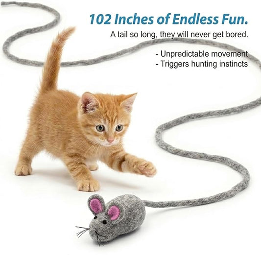 Glaciart One Felt Mouse Cat Toy – Soft Fuzzy Enrichment 100% Natural Wool - Interactive Catnip Play Cat Toy Set - Safe for Pets, Non-AZO Colored Dyes - 100” Long