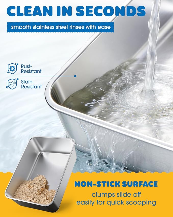 Powools Stainless Steel Cat Litter Box, Metal Litter Box with Scoop, High- Sided, Anti-Leakage Top Entry, Non-Sticky, Easy to Clean, Grey, M (2 Pack)