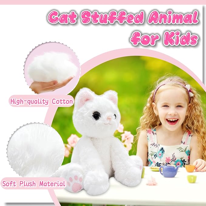 10" White Cat Stuffed Animal Plush Toys for Girls and Boys, Cute Plushies, Realistic Cat Stuffed Animals Plush Toy for Kids, Easter Basket Stuffers, Birthday Surprise Gifts, Christmas Decor