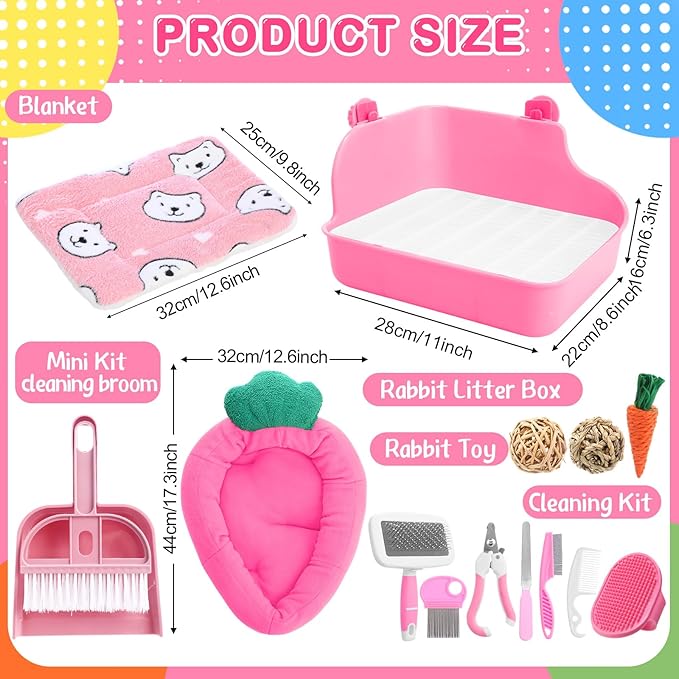 Abbylike 22 Pcs Rabbit Starter Kit with Cage, Rabbit Grooming Kit Bunny Cage Set with Bed, Litter Box, Water Bottle, Feeders, Toys, Grooming Cleaning Supplies for Indoor Rabbits Small Pets(Pink)