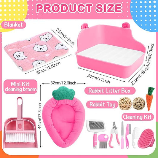 Abbylike 22 Pcs Rabbit Starter Kit with Cage, Rabbit Grooming Kit Bunny Cage Set with Bed, Litter Box, Water Bottle, Feeders, Toys, Grooming Cleaning Supplies for Indoor Rabbits Small Pets(Pink)