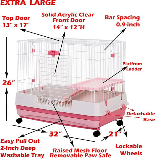 Pink X-Large Deluxe in/Outdoor Guinea Pig Chinchilla Ferret Squirrel Hedgehog Kitten Rabbit Bunny Hutch House Critter Home Habitat Paw Safe Bottom Mesh Floor Pull Out Easy Clean 2-Inch Deep Tray