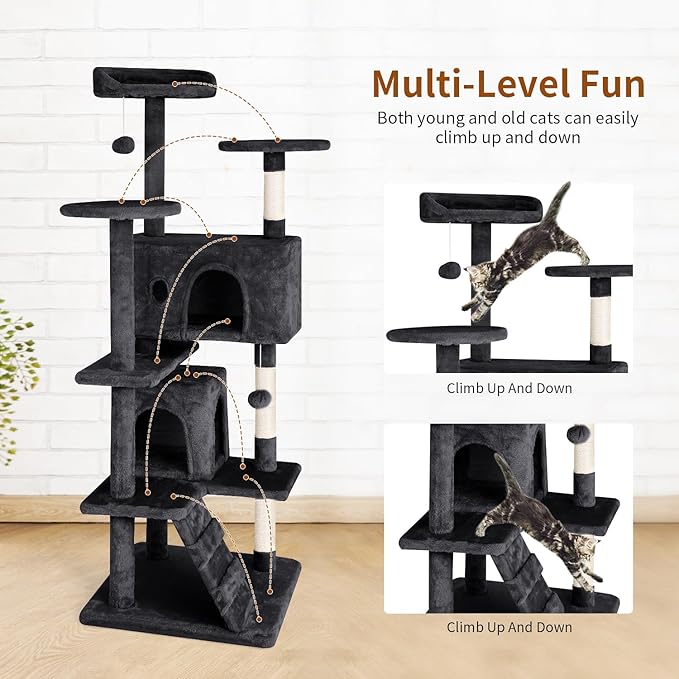 PayLessHere Cat Tree 54in Cat Tower with Cat Scratching Post,Multi-Level Cat Condo Stand House Furniture Kitty Activity Center with Furry Ball Toys Cat Tree for Indoor Cats (54in, Dark Grey)