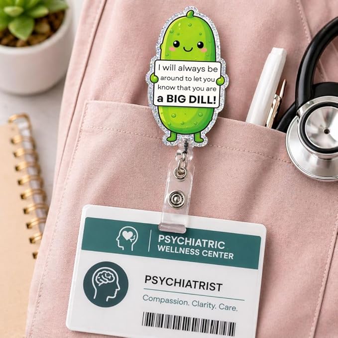 Cute Funny Positive Emotional Support Pickle Badge Reel Retractable ID Holder Clip for Psych Nurse Teacher Mental Health Awareness Social Worker Therapist Counselor RBT Office Coworker Inspiring Gifts
