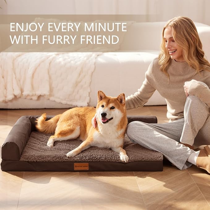 Patas Lague Orthopedic Jumbo Dog Bed for Extra Large Dogs 56''X40'', Waterproof L Bolster Jumbo Pet Sofa Beds with Removable Washable Cover, Soft Pet Couch Crate Mat with Nonskid Bottom, Brown