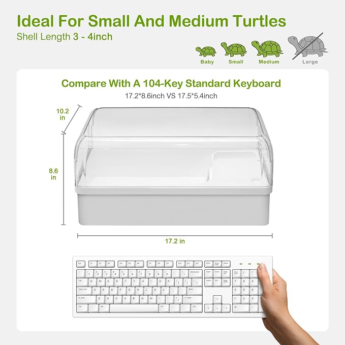 Turtle Tank Acrylic Habitat Starter Kit for Baby with Silent Filter | Bottom Drain,Basking Light,Multi Zone Aquatic Small Red Eared Slider Enclosure,Anti Escape Fence Tortoise Terrarium Aquarium