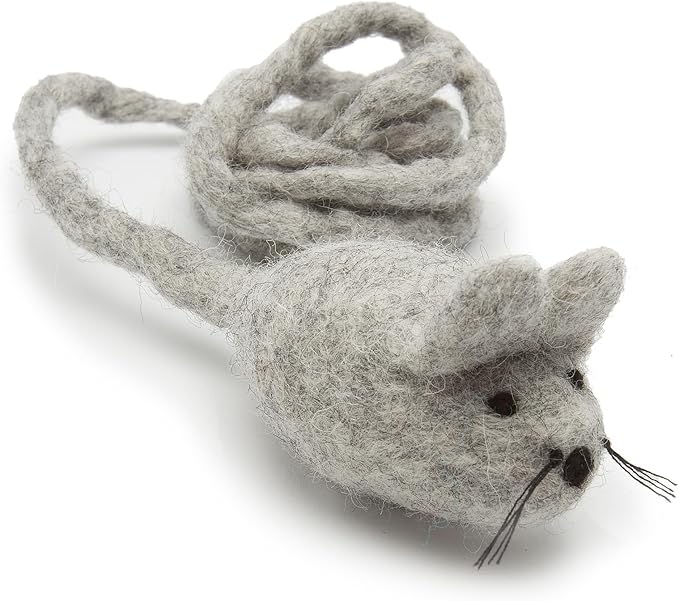 Glaciart One Felt Mouse Cat Toy – Soft Fuzzy Enrichment 100% Natural Wool - Interactive Catnip Play Cat Toy Set - Safe for Pets, Non-AZO Colored Dyes - 42” Long