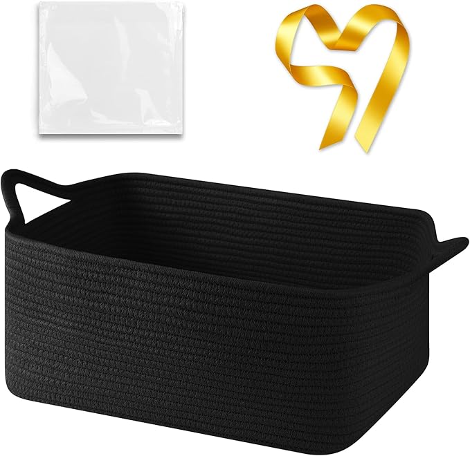 OIASKET Large Empty Gift Baskets for Baby Shower, 16.5" L x 12.6" W x 7" H Cute Woven Storage Basket with Gift Bags and Ribbons, Small Rope Toy Basket with Handles, Cat Dog Pet Toy Organizer - Black