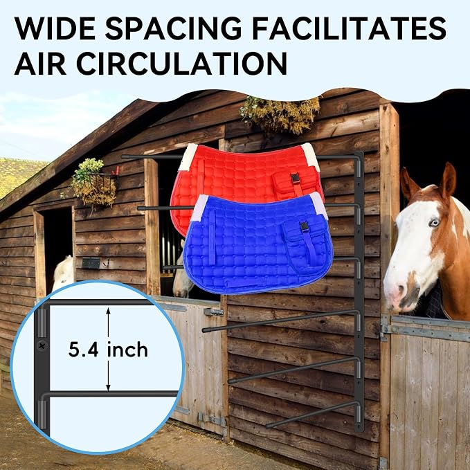Heavy Duty Saddle Pad Rack, 180° Swing-Out Horse Blanket Holder with 6 Extra-Long Arms, Wall Mounted Tack Storage for Stable & Garage