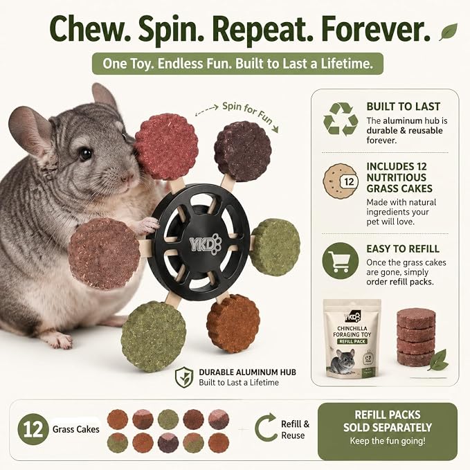 YKD Chinchilla Chew Toys, Rotating Spinner Toys + 12 Pcs Timothy Hay | Rabbit Chew for Teeth Grind & Digestion, Rust-Proof Aluminum Toy, for Rabbit, Bunny, Chinchilla, Hamster Dental Health