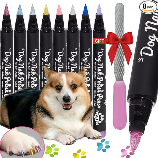 8 Metallic & Matte Colors Dog Nail Polish Pens Quick Dry with Dog Nail File, Non Toxic Glitter Dog Safe Nail Polish, Easy to Apply Pet Safe Accessories for Small and Large Puppies