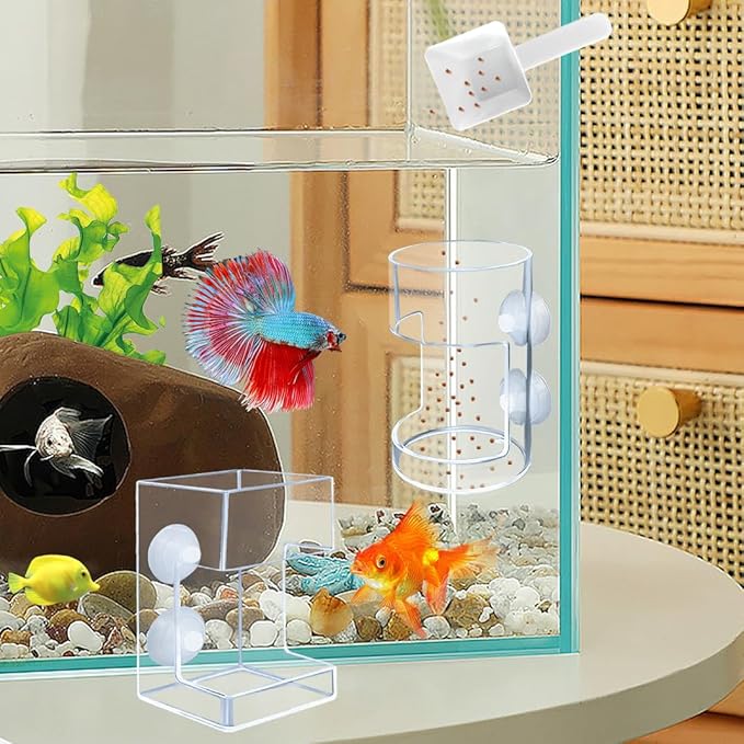 Automatic Fish Feeder for Aquarium Suction Cup, Acrylic Automatic Feeding Ring with 2 Spoons,Clear Turtle Shrimp Feeder for Fish Tank(Square+Round)