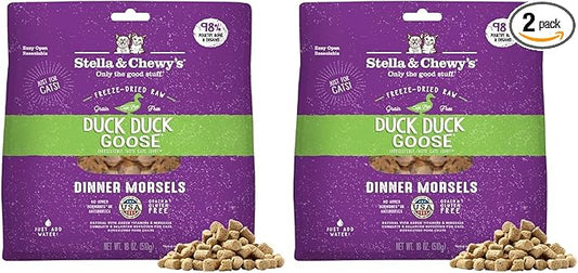 Stella & Chewy's Freeze-Dried Raw Cat Dinner Morsels - Premium Duck & Goose Recipe with 98% Cage-Free Poultry-& Organs - Natural Grain-Free Cat-& Kitten Food - Made in USA - 18 oz,(Pack of 2)