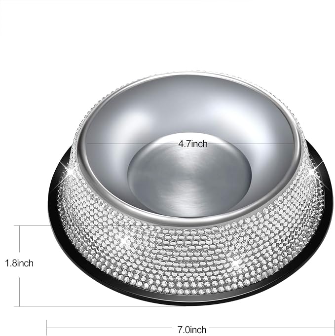 SAVORI Bling Dog Bowls White, 640ML Handmade Bling Rhinestones Stainless Steel Pet Bowls Double Food Water Feeder for Puppy Cats Dogs - Set of 2