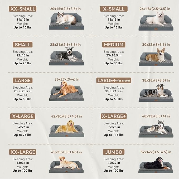 Large Dog Bed Orthopedic Washable: Dark Grey Dog Bed with Waterproof Cover and Removable Bolster, Egg Foam Couch Sofa for Medium XXXLarge Dogs