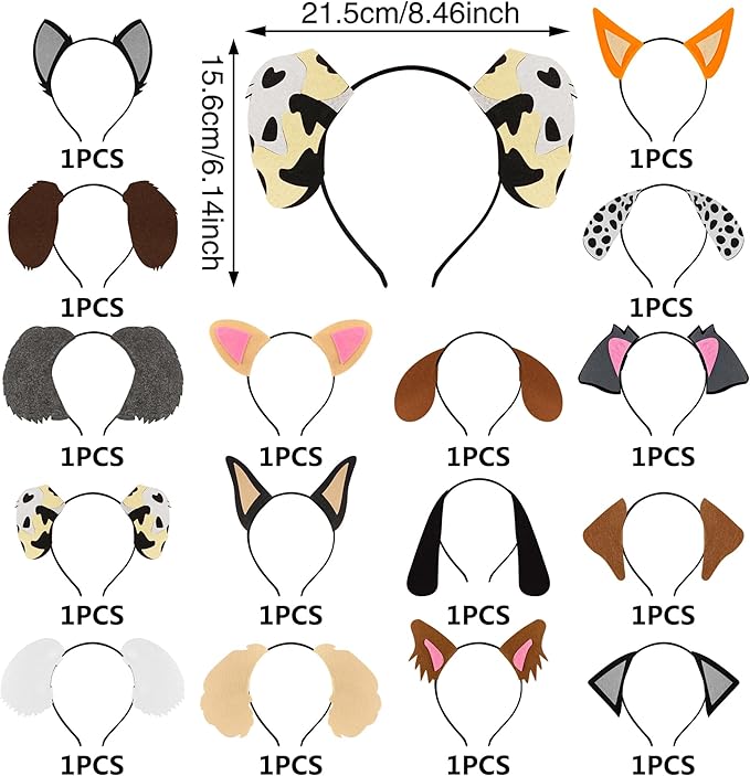 16PCS Colorful Felt Dog Ears Headbands for Black Ears Dog Themed Party Favors Photo Booth Props Holiday Dog Party Decorations