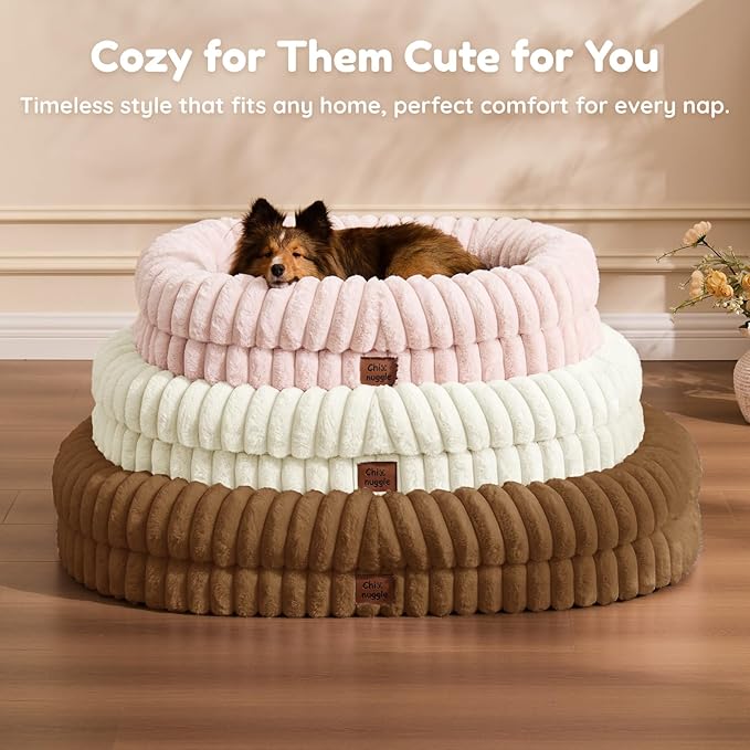 ChiXnuggle Dog Bed Medium Sized Dog - Luxury Striped Faux Fur Waterproof Pet Couch with Removable Washable Cover, Orthopedic Pet Bed with Bolster Sides for Sleeping, Brown