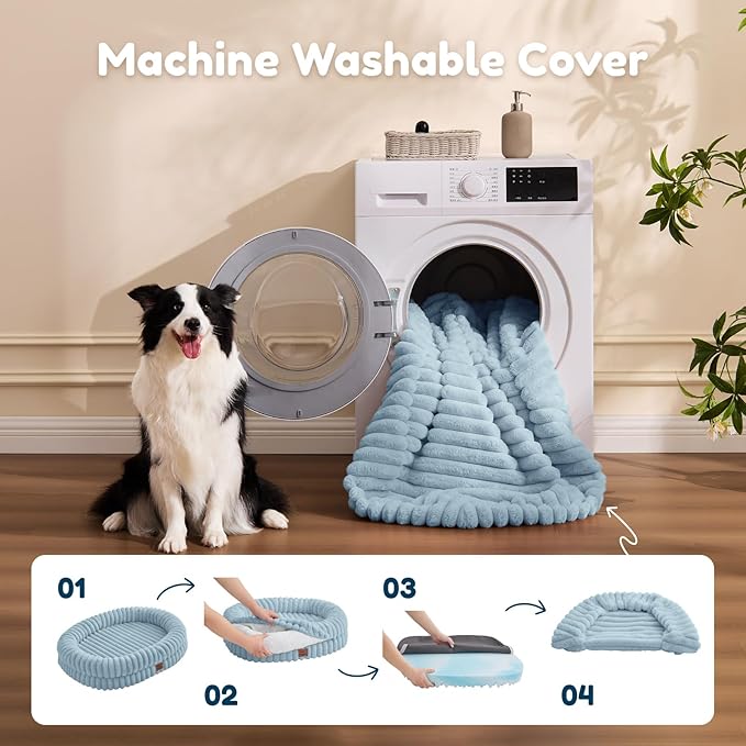 ChiXnuggle Dog Bed Large Sized Dog - Luxury Striped Faux Fur Waterproof Pet Couch with Removable Washable Cover, Orthopedic Pet Bed with Bolster Sides for Sleeping, Light Blue