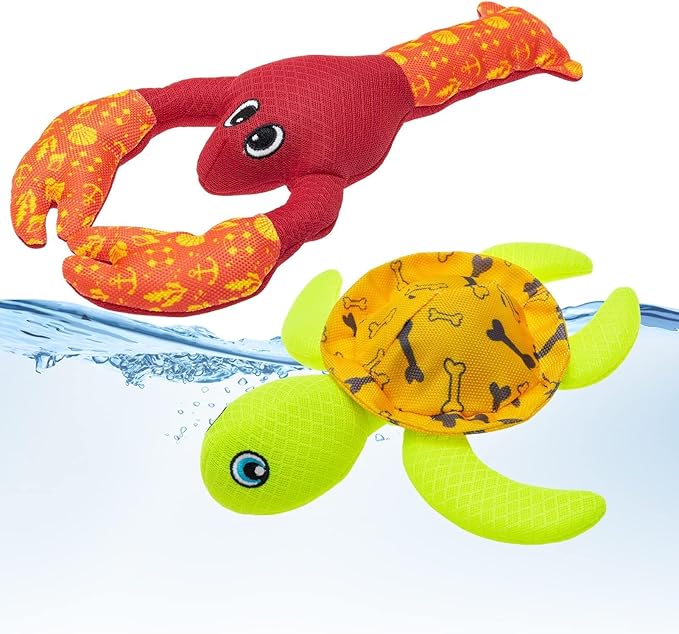 PUPTECK Floating Pool Toys for Dogs - 2 Pack Squeaky Pet Water Toys for Fetch & Training, Interactive Summer Outdoor for Large Small Medium Dogs, Turtle & Lobster