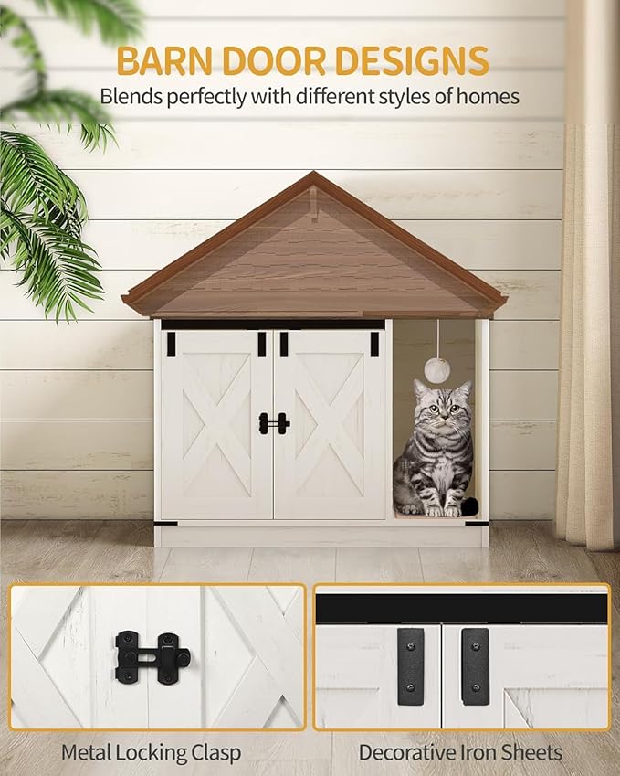 Hzuaneri Cat Litter Box Enclosure, Hidden Litter Box Cabinet Furniture with Bell, Indoor Cats House, Farmhouse Style, 31.5 x 19.7 x 20.9Inches, for Hallway, Bedroom, Rustic Brown and White CB82414X