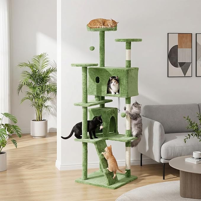 PayLessHere Cat Tree 70in Cat Tower with Cat Scratching Post,Multi-Level Cat Condo Stand House Furniture Kitty Activity Center with Furry Ball Toys Cat Tree for Indoor Cats,Green