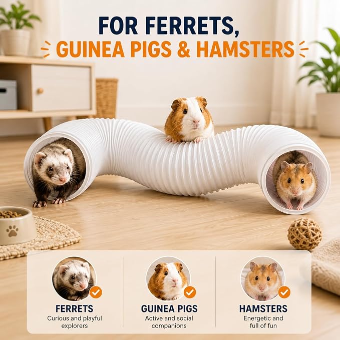 Ferret Tunnel Toy Ball Set with 2 Collapsible Tunnels for Small Pets | Polyester, for ferrets, guinea pigs & hamsters, includes 2 bell balls & 3 foam balls, lightweight, foldable