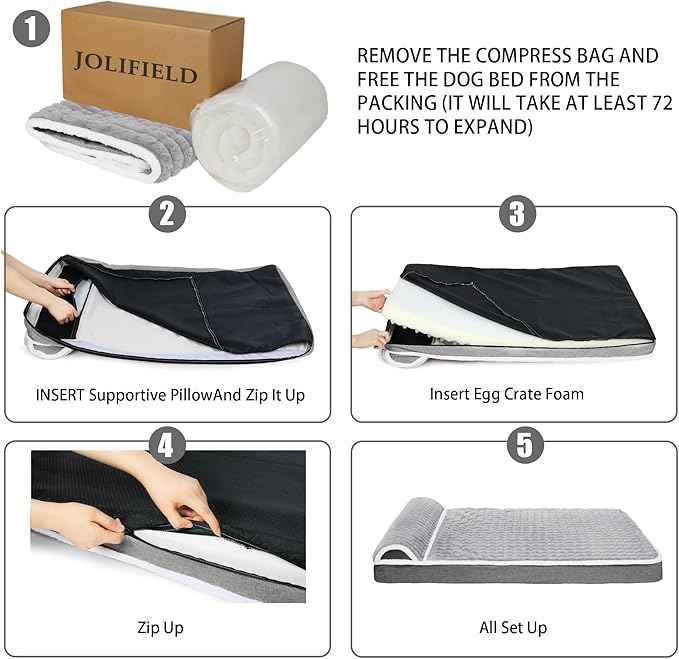 Orthopedic XL Dog Bed Large Sized Dog with Pillow 48''X30'', Waterproof Soft Comfortable Egg Crate Foam Pet Crate Beds Mat with Removable Washable Cover and Non-Slip Bottom, Grey