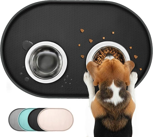 Conlun Dog Food Mat,1/2 Inch Raised Edges Cat Feeding Mat for Spill Containment,BPA-Free Silicone Pet Food Mats for Floor Waterproof,Rubber Dog Placemats for Food and Water Bowls(Black,19"x12")