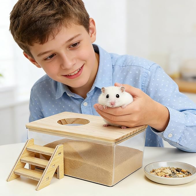 Coloch Hamster Sand Bath Box with Wood Cover, Rectangle Clear Hamster Digging Sand Container with Climbing Ladder Multifunctional Plastic Guinea Pig Bathroom for Small Animals