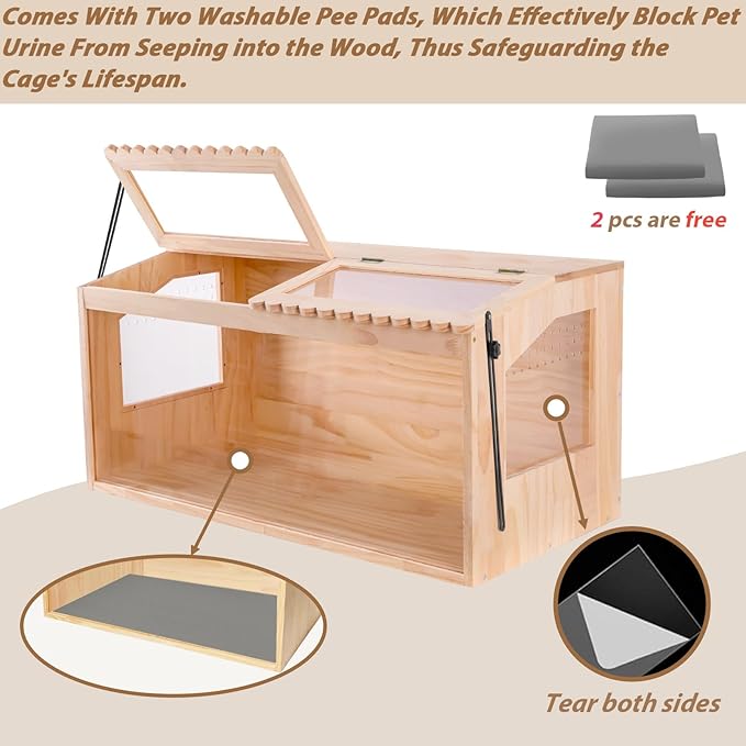 Wooden Hamster Cage,48"x20"Large Hamster Cage,2 Washable Liners & 2 Adjustable Ventilation Window. Small Animal Cage for Dwarf Syrian Hamsters Degus Mice & Other Small Pets.