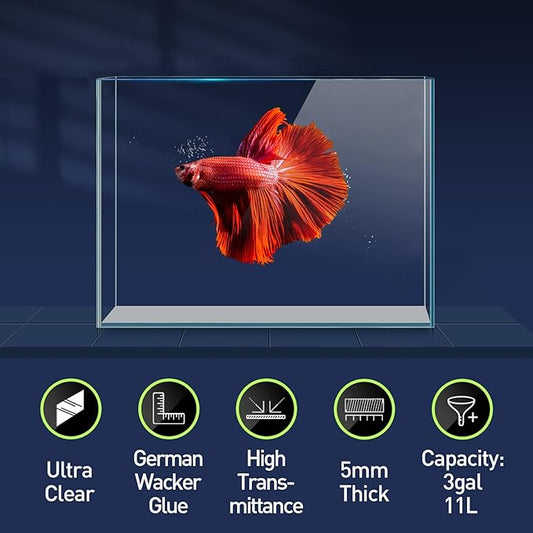LAQUAL 3 Gallon Ultra Clear Glass Fish Tank, Rimless Low Iron Aquarium for Betta/Nano/Goldfish/Snail/Shrimp, Small Fish Tank with Fish Net & Cleaning Tools