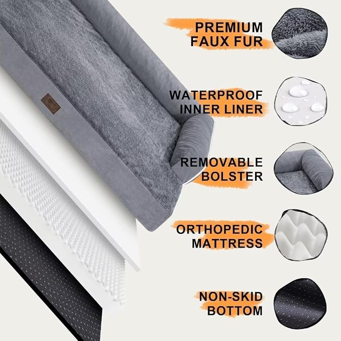 MEKIY Orthopedic Washable Dog Bed with Bolster for Large Sized Dogs | Pillow Support for Neck Relief, Egg Crate Foam, Waterproof Liner, Anti-Slip Bottom, Machine Washable Cover, 38 x 25 Inch
